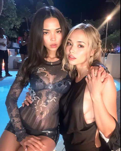 Dos mujeres posando para una foto en una piscina por la noche, Noche de verano, Dos modelos en el marco, Ruan Jia y Mandy Jurgens, foto de perfil, Noche de verano, Tiro muy cercano, con hiedra, Imagen filtrada, foto filtrada, JIA, tumblr, splendid, exclusi...