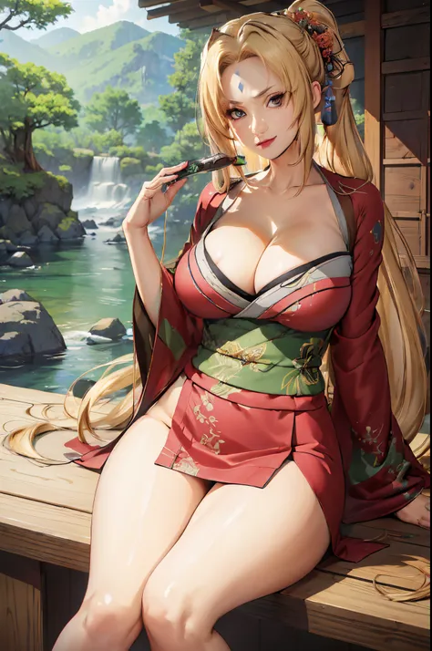 best quality, masterpiece, 1girl, (solo:1.1), raytracing, ultra detailed,detailed face, 8k wallpaper, smile, wide hips, TsunadeNDV, gigantic breast, (long hair:1.1), blonde hair, looking at viewer, collarbone, green japanesse clothes and kimono, cleavage, ...