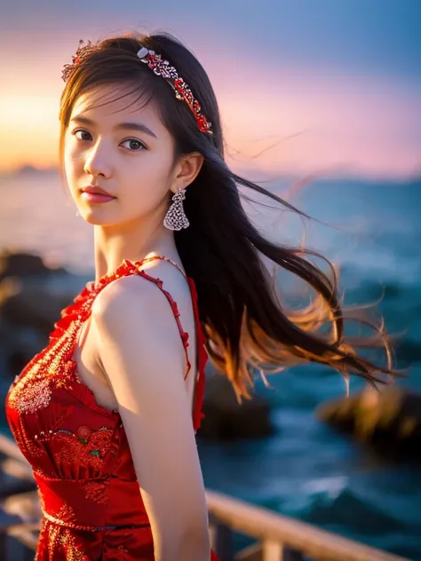 Best Quality, masutepiece, High resolution, 1girl in, Red dress,santa claus hair accessories,  Pretty Face, On Body, Tindall Effect, Realistic,  seaview、dual-tone lighting, (High Detail Skins: 1.2), 8K UHD, Digital SLR, Soft light, High quality, Volume Lig...