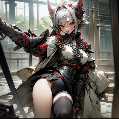 battle field、Fighting、silber hair、Short bob hair、samurais、Berserker、A sexy、Opening legs、Skimpy white and red kimono、Black armor、Black knee socks、Have fun、I have my mouth wide open、The chest isｃcups、beutiful breast、Skirt Lift Up