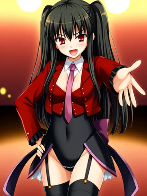 lucifer (umineko), stakes of purgatory, 1girl, showgirl skirt, solo, pink necktie, black hair, necktie, garter straps, red eyes, long hair, leotard, ((thighhighs)), hand on hip, leotard, frilled sleeves, red jacket, back bow, black bow,  (bloom, shiny, dep...