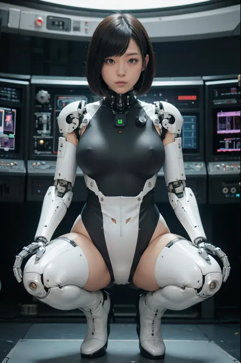 Best Quality,masutepiece,1woman, Japanese cyborg woman ,Plump , White boots,announcer,control panels,activate,Squat,android,droid,Mechanical Hand,White clothes, body suit,Taut_Clothes,medium breasts⁩,clothes with a sense of mechanical technology, Robot arm...