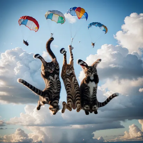 realistic kittens raining from sky with parachutes