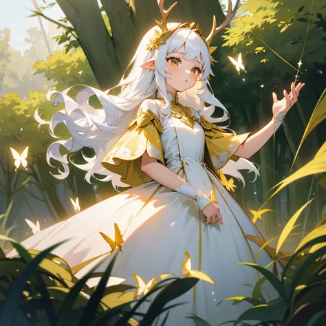 teens girl，white color hair，bit girl，curlies，Golden butterfly，Golden eyes，long whitr hair，White princess dress，deer antlers，ln the forest，flower  sea，adolable，incredulous