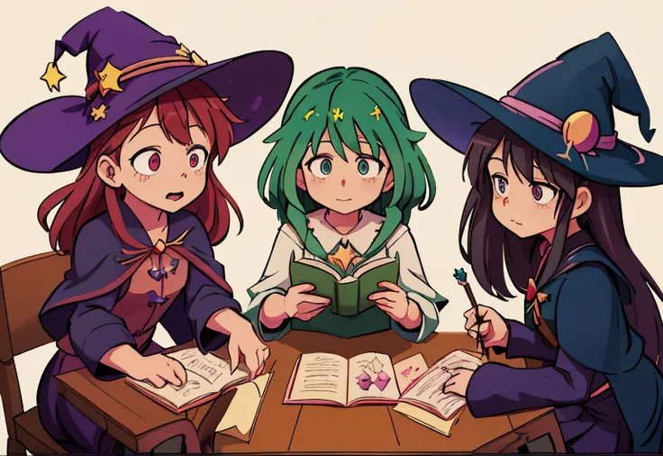 three girls in witches hats sitting at a table with books, witch academia, little witch academia, ddlc, mages, witches, witchcraft!, roleplaying, cute art style, casting spells, anime art style, touhou project, 9 0 s anime art style, colorful spells, magic...