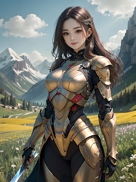 超A high resolution、An ultra-high picture quality、8K、Detailed details、marvelous expression、girl of steel、Cyborg girl、slender physique、long curly brown hair、wears golden metal armor、With a big sword、Run briskly、Rin々Smile、mountain meadow landscape