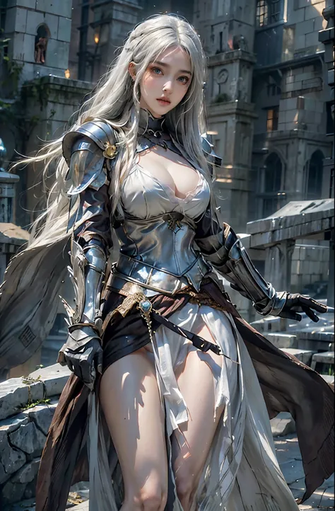 realistically, a high resolution, 1 girl, butt lift, long white hair, pretty eyes, normal breast, dark souls style, knight armor