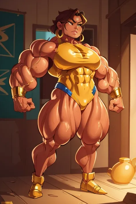 Mexican muscle woman flexing muscles wearing gold superhero outfit, muscle woman, big muscles, huge muscles, massive muscles, mature woman