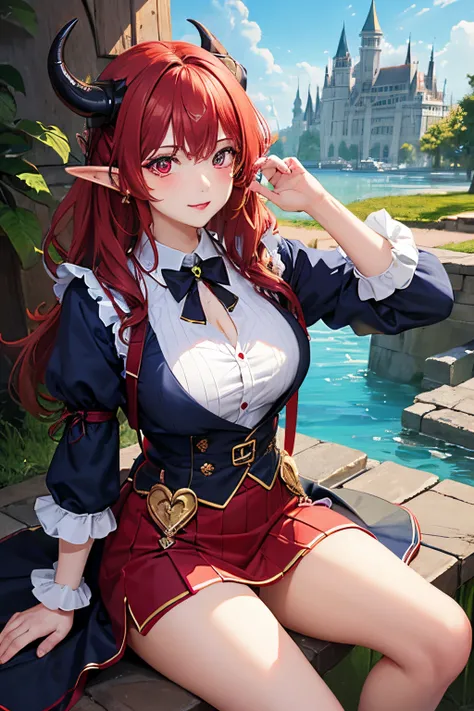 2 Girl,, 1 elf girl, 1dragon girl, fairy dress, palace, red eyes, redhair, mini skirt, beautiful eyes, hair decoration, Big chest, navy red clothes, Dragon horn