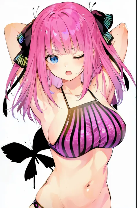 1girl, alone, Nino nakano, medium hair, pink hair, hair decorations, butterfly decorations, decorations on both sides of the head, bangs covering the forehead, blue eyes, left eye winking, embarrassed, open mouth, irritated expression, arms behind the neck...