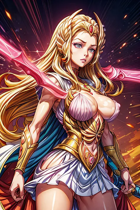 masterpiece, best quality, high quality, sheraquiron character, panties, (pink nipples:1.2), white robe, golden armor, looking b...