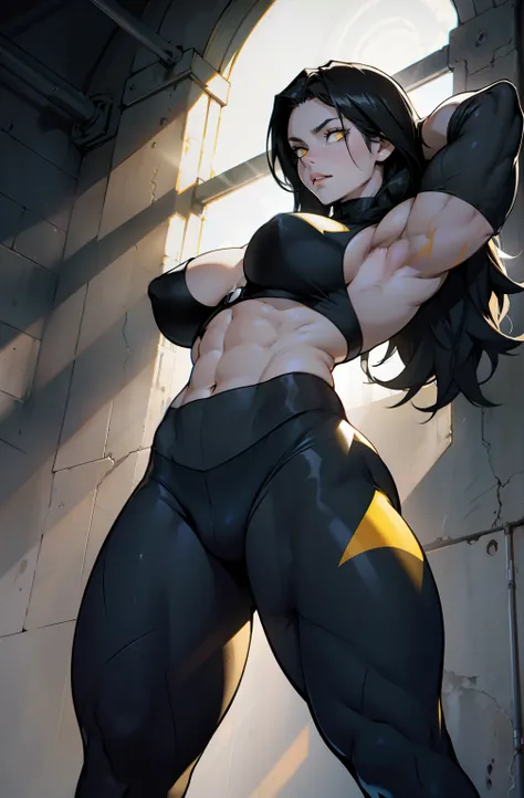 1girl pale skin muscular girl toned body black hair yellow eyes long hair huge muscles leggings muscles ((from below)) chiaroscuro backlighting god rays breasts