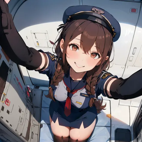 Nap room,(On board an airplane),fluffy hair,dark brown hair,((Braided shorthair)),Slightly red tide,((Brown eyes)),((navy blue stewardess cosplay)),((Black sheer stockings)),White handbags,kindly smile,((Pilot Cap)),(He holds the hat with both hands while ...