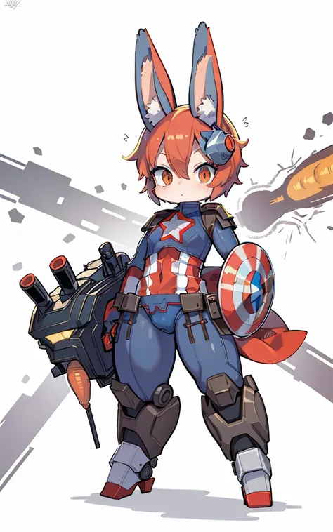 Captain America turns into mechanical rabbit, Cartoon image of robot rabbit holding gun, Holding giant carrot shield in right hand