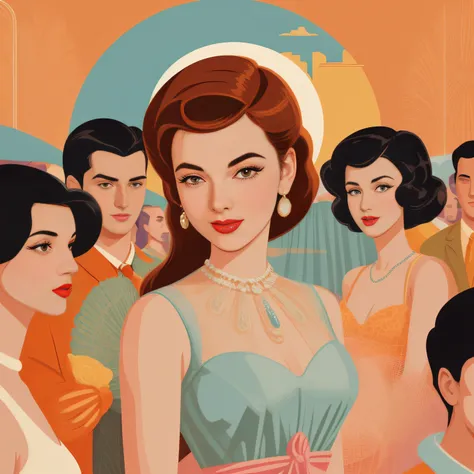 a close up of a person in a dress and a crowd of people, vector art by Lee Loughridge, trending on cg society, pop art, in style of digital illustration, art deco illustration, art deco portrait, digital art of an elegant, retro illustration, movie illustr...