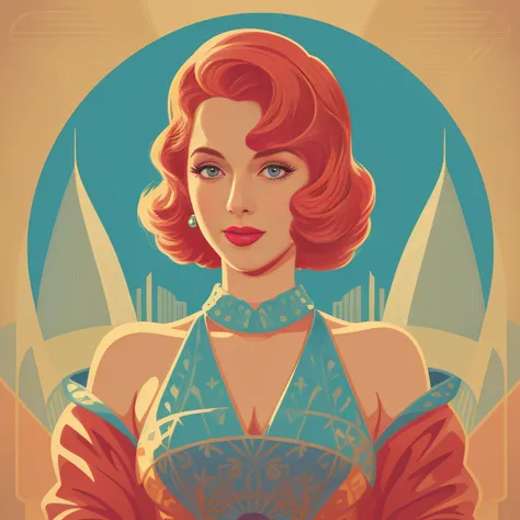 a close up of a person in a dress and a crowd of people, vector art by Lee Loughridge, trending on cg society, pop art, in style of digital illustration, art deco illustration, art deco portrait, digital art of an elegant, retro illustration, movie illustr...