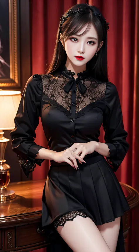 Charming beauties、校服、blouse、flered skirt、Evil Female Executive、Evil Fall、dark、brainwash、panthyhose、lacy fabric、Glossy legs、lipsticks、Evil look、Suspicious look、Hollow eyes、darkened room、Night、wicked、drink black liquid、seductiv