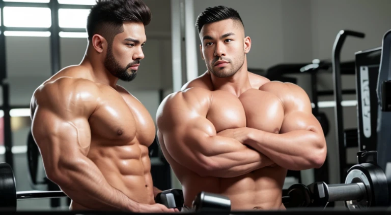 (Very detailed 8k wallpaper), two asian men, muscle worship, arms folded, At the gym, high detailing, buzzcut, very large and strong body, bulging muscles, well-muscled, very large pectoral muscles. Very sexy abs, legs are muscular, Toned figure, lightens ...