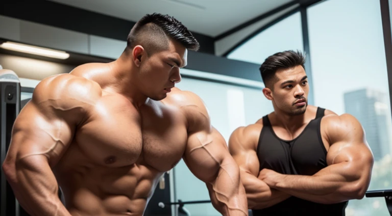 (Very detailed 8k wallpaper), two asian men, muscle worship, arms folded, At the gym, high detailing, buzzcut, very large and strong body, bulging muscles, well-muscled, very large pectoral muscles. Very sexy abs, legs are muscular, Toned figure, lightens ...