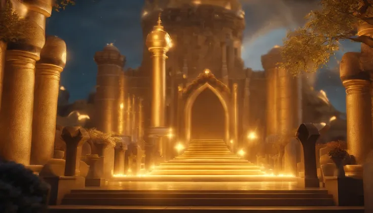 a pixa Disney cartoon of the biblical times a big golden heavenly city made of gold coming down from the sky, animation film, animated film still, rendered in corona, epic illumination, 3 d animated, 3d animated, he is greeting you warmly Caractere estiliz...