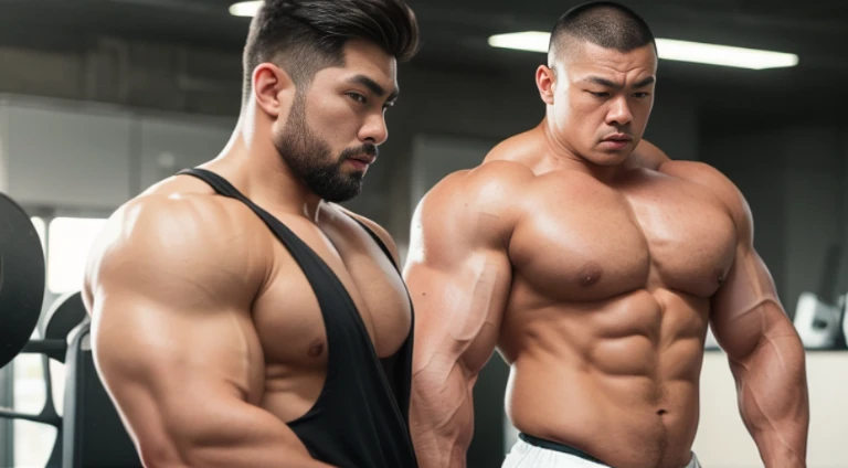 (Very detailed 8k wallpaper), two asian men, muscle worship, arms folded, At the gym, high detailing, buzzcut, very large and strong body, bulging muscles, well-muscled, very large pectoral muscles. Very sexy abs, legs are muscular, Toned figure, lightens ...