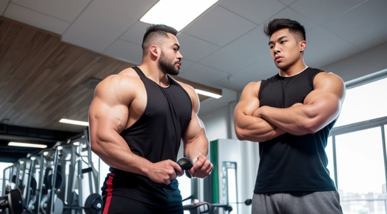 (Very detailed 8k wallpaper), two asian men, muscle worship, arms folded, At the gym, high detailing, buzzcut, very large and strong body, bulging muscles, well-muscled, very large pectoral muscles. Very sexy abs, legs are muscular, Toned figure, lightens ...