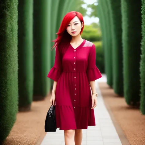 Asian woman with red hair, vestido preto e peituda tirando foto