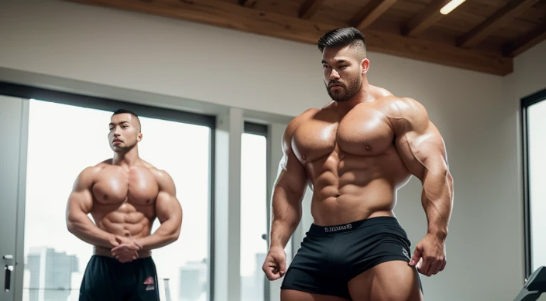 (Very detailed 8k wallpaper), two asian men, muscle worship, arms folded, At the gym, high detailing, buzzcut, very large and strong body, bulging muscles, well-muscled, very large pectoral muscles. Very sexy abs, legs are muscular, Toned figure, lightens ...