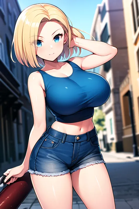 best quality, high resolution, 1 girl, android 18, solo, blonde hair, blue eyes, short hair, big breasts, cowboy shot, street, Tight black tube crop top, blue jeans