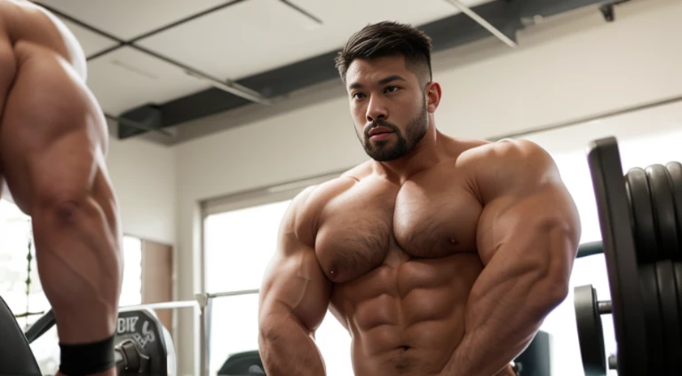 (Very detailed 8k wallpaper), two asian men, muscle worship, arms folded, At the gym, high detailing, buzzcut, very large and strong body, bulging muscles, well-muscled, very large pectoral muscles. Very sexy abs, legs are muscular, Toned figure, lightens ...