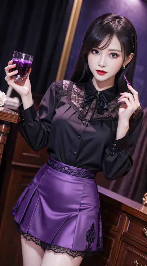 Charming beauties、校服、blouse、pleatedskirt、Evil Female Executive、Evil Fall、dark、brainwash、panthyhose、lacy fabric、Glossy legs、lipsticks、Evil look、Suspicious look、Hollow eyes、darkened room、Night、wicked、drink purple liquid、seductiv