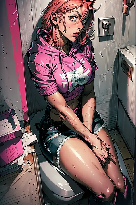 high res, detailed, power from chainsawman, person sitting in a toilet cubicle, gripping their own breast, holding a magazine in...