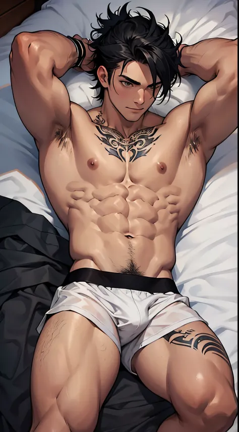 1 boy, 18yr old, R18, Lie down on bed, vlack boxers, white bed sheet, short detailed black hair, Excited, thick hair, Masterpiece, 8K, athletic, tattoos