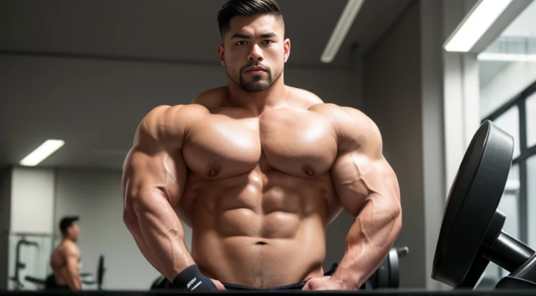 (Very detailed 8k wallpaper), two asian men, muscle worship, arms folded, At the gym, high detailing, buzzcut, very large and strong body, bulging muscles, well-muscled, very large pectoral muscles. Very sexy abs, legs are muscular, Toned figure, lightens ...