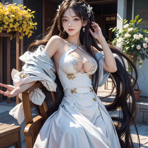 8K Ultra HD, masutepiece, Best Quality, beautiful  Girl, Long hair, Impressive hairstyle, beautiful hair decoration, 17 years old girl, ssmile, A sexy,  large boob, lighting like a movie