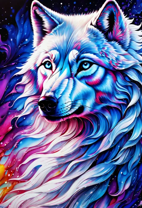 (((eternal fantasy irresistible allure detail glow slim girl of alcohol ink illustration:1.3))), (((and stunning white wolf of beautiful delicate fur:1.3))), (((radiosity rendered in stunning 32k resolution:1.3))), highest quality, highly quality, (((crisp...