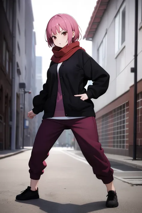 Cute girl , Short pink hair , Dark purple clothes , Combat stance , Brown eyes , Rough clothe s, baggy clothes , full body , Red scarf , adult girl , sexy body , sexy