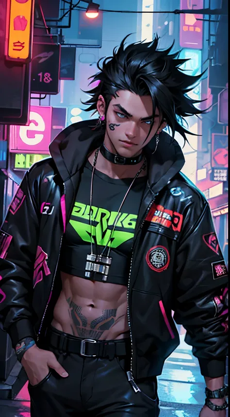 1 boy, 18yr old, R18, cyberpunk, black clothes, neon lights, vibrant, dark, short detailed black hair, Excited, thick hair, Masterpiece, 8K, athletic, tattoos