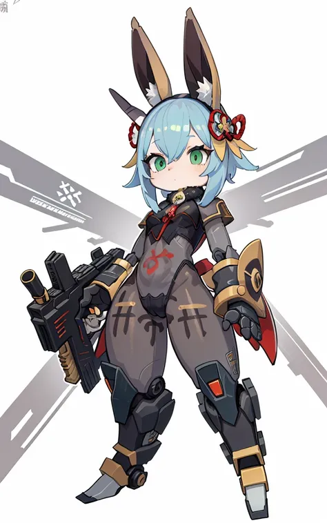 genshin Nahida transforms into a mechanical rabbit, Cartoon image of robot rabbit holding gun, Genshin character, white body, Green decoration, whaite hair, mecha limbs, sci-fi