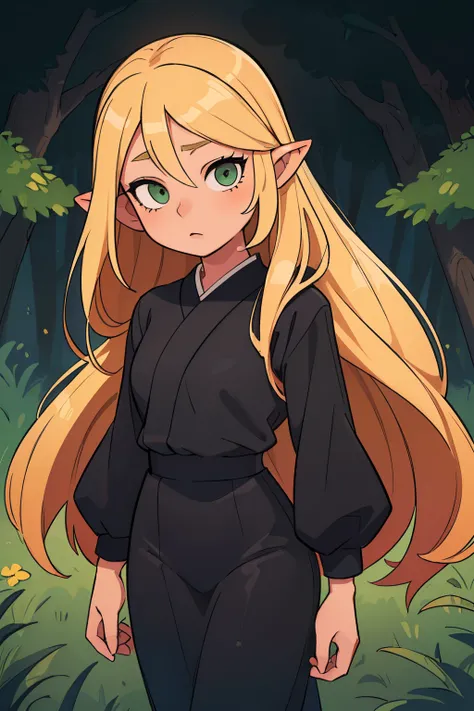 (Best Quality,Ultra-detailed,Photorealistic:1.37),Long, flowing yellow hair, immaculate, light skin, female face, hair loose and long,light eyes dark yellow, with a softer shade,black dog ears on top of head, dressed in black Japanese style clothes, Surrou...