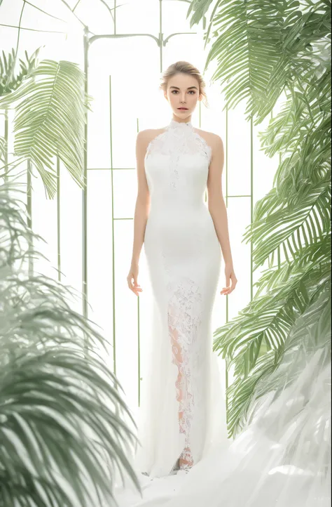 Best quality, 8k, 32k, Masterpiece, Masterpiece, (Photorealistic: 1.4), RAW photo, ultra realistic, 1girl，Fashion model, Wearing a white mermaid wedding dress, lace fabric, full length view, pose in white room with indoor decorative palm tree, Stand uprigh...