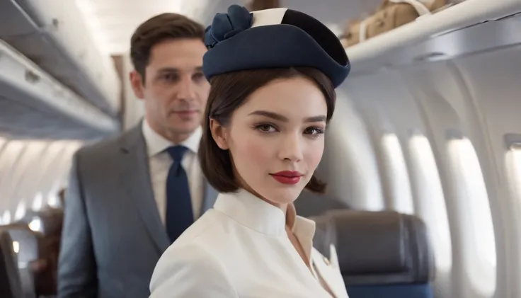 1womanl, 40 years、hyperdetailed face、Detailed lips、A detailed eye、二重まぶた、(Black bob hair、Like an airplane stewardess々Do a good job)、(Stewardess uniform:1.2)、(Glamorous body)、(Colossal tits)、smil、thighs thighs thighs thighs, Perfect fit, Perfect image realis...