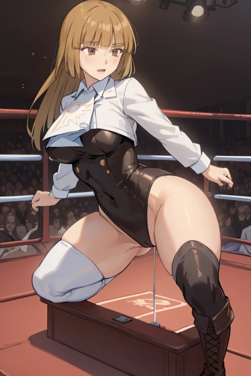 (masterpiece),(best quality), Rosa, main outfit, ushiromiya ascot, boots, ((Tight leotard)), ((sexy pose)), ((Wrestling ring)), (Big tits), (Wide hips), best quality best quality,