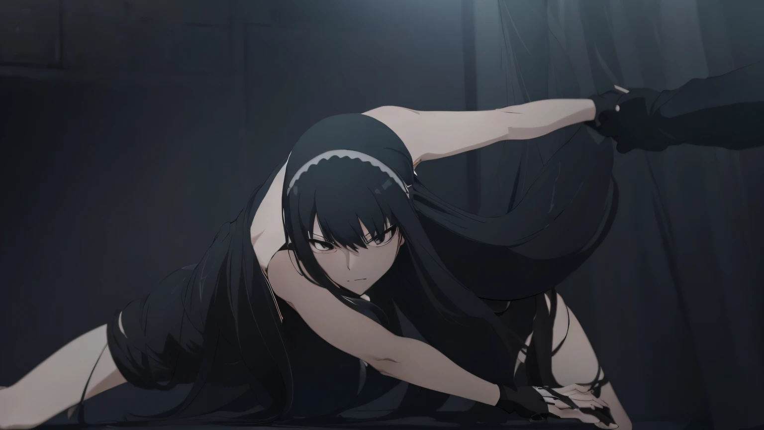 Woman with long hair, wearing black dress. She has her right arm on the floor, legs spread in fighting stance, black glove on her arm, blood in some places, severe facial expression, she is wearing black high heels, dark, Gapmoe Yandere, in anime movie, sc...