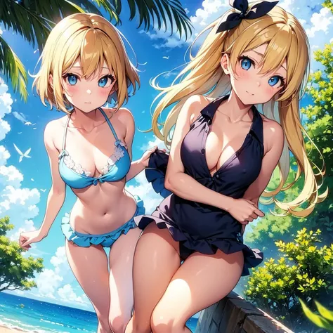 2D Anime Style、Beautiful blue eyes, (Talented lo-fi:1.3)、Adults、Breasts slightly larger、a cool、Lunette de soleil、Short blonde hair fluttering in the wind.、Beautuful Women、swim wears、full body Esbian、Beach、walking alone