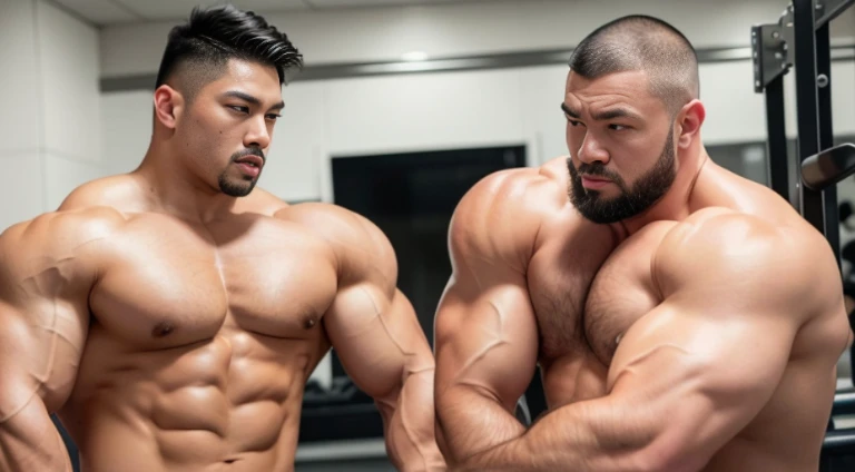 (Very detailed 8k wallpaper), two asian men, muscle worship, arms folded, At the gym, high detailing, buzzcut, very large and strong body, bulging muscles, well-muscled, very large pectoral muscles. Very sexy abs, legs are muscular, Toned figure, lightens ...