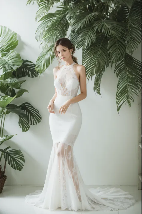 Best quality, 8k, 32k, Masterpiece, Masterpiece, (Photorealistic: 1.4), RAW photo, ultra realistic, 1girl，Fashion model, Wearing a white mermaid wedding dress, lace fabric, full length view, pose Stand upright in white room with indoor decorative palm tree...