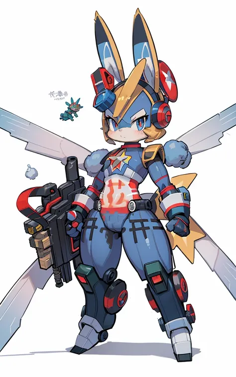 Captain America as a Pokémon character transforms into a mechanical bunny, Cartoon image of robot rabbit holding gun, Pokémon style, droid, sci-fy