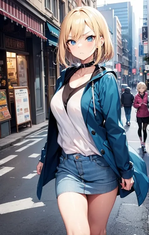 2D Anime Style、Beautiful blue eyes, (Talented lo-fi:1.3),breasts are slightly larger、Blonde Shorthair,Cool adult woman with an angry expression.,Rough fashion,Wear a long coat,walking in city,European-style cityscape,