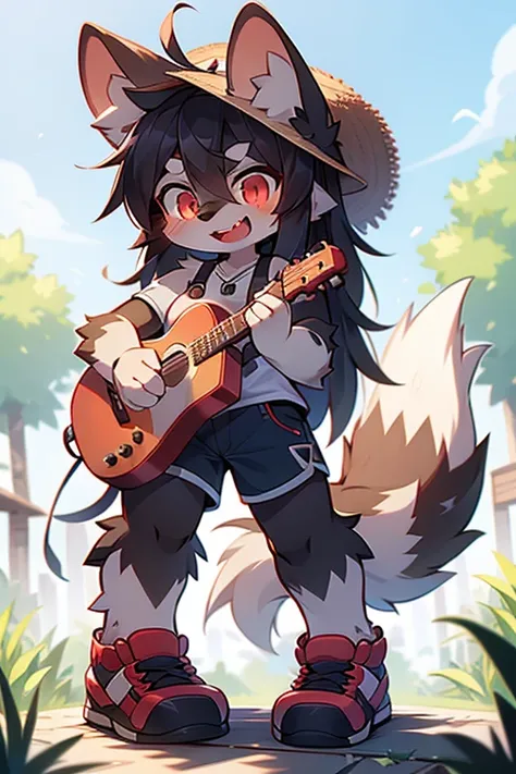 the only person，shaggy male，hairy bodies，Exhibited，aardwolf，canid，Black fur，Long black hair，The ends of the hair are white，red - eyed，Being bullied，cute big breasts，Handsome，large tail，Full body lesbian，plays the guitar，Summer vest，Summer shorts，straw hat，...